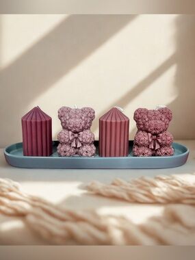 Blush Teddy Bear Sculptural Candle Tray Set | Handmade Decor Candles